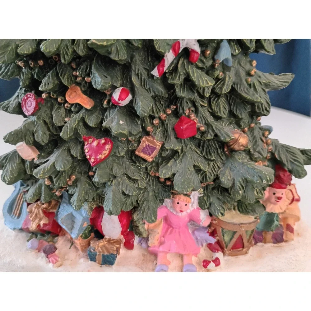 Vintage Resin Christmas Tree Figurine with Angel Topper and Presents 8 Inch